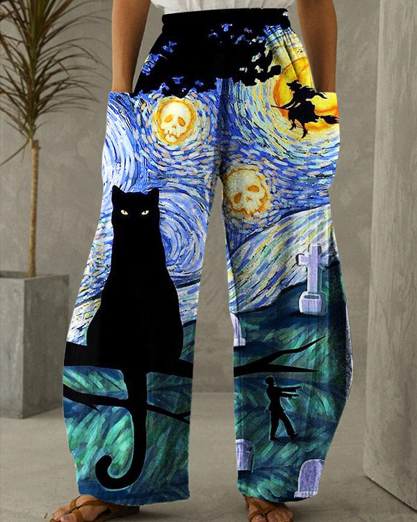 Women's Halloween Witch and Black Cat Print Loose Pants