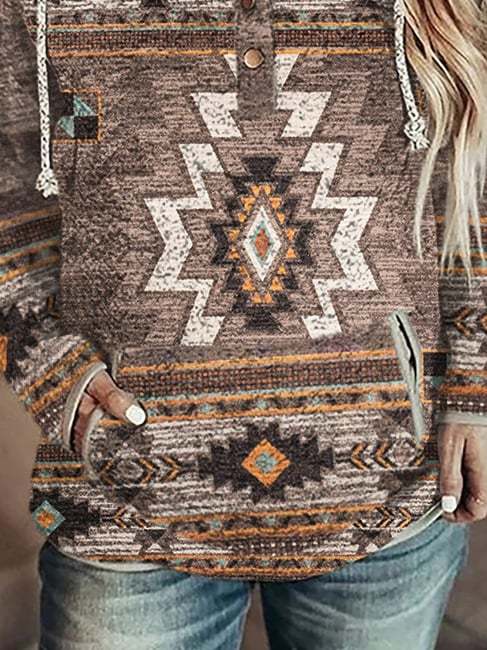 Vintage Ethnic Print Hooded Long Sleeve Sweatshirt