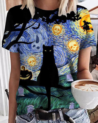Women's Halloween Witch and Black Cat Print Casual T-Shirt