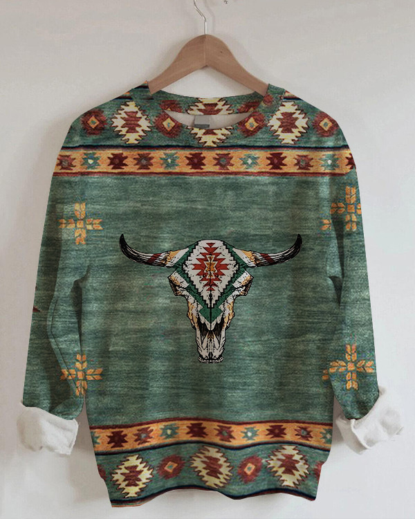 Women's Vintage Ethnic Check Print Sweatshirt-SP