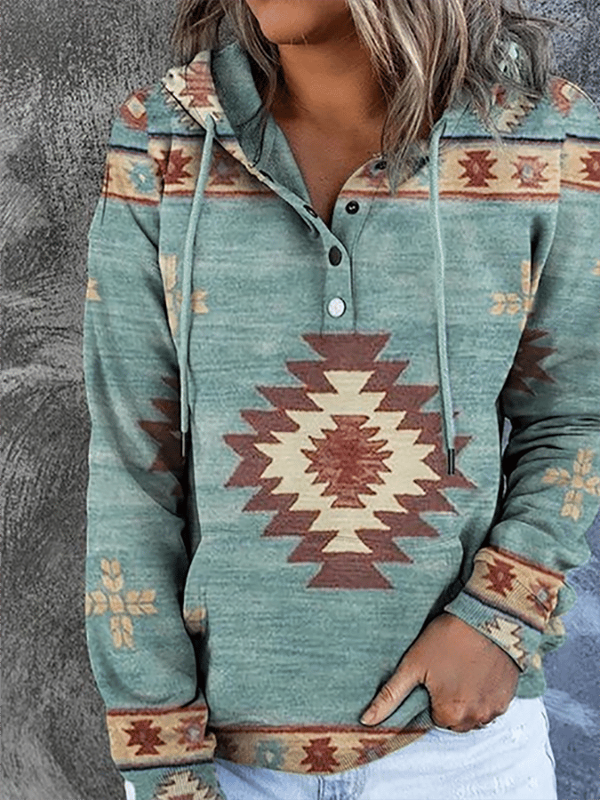 Western Ethnic Print Long Sleeve Hooded Sweatshirt