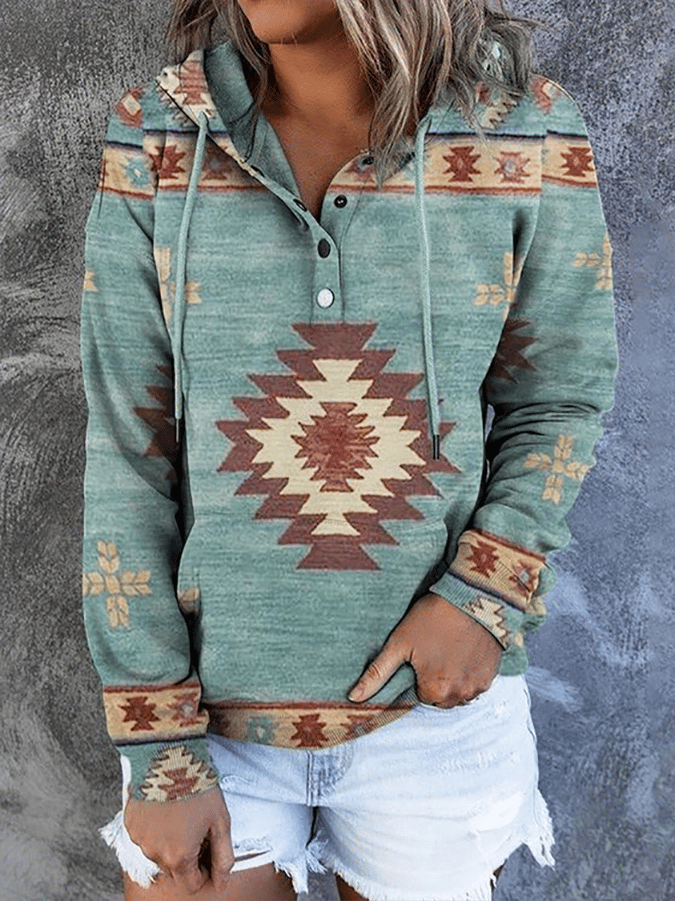 Western Ethnic Print Long Sleeve Hooded Sweatshirt