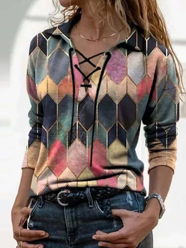 Women's Retro Geometric Print Bandage V-Neck Long-Sleeved T-Shirt