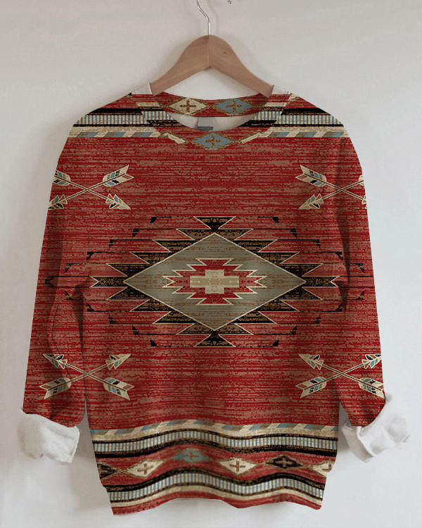 Women's Vintage Ethnic Check Print Sweatshirt-SP