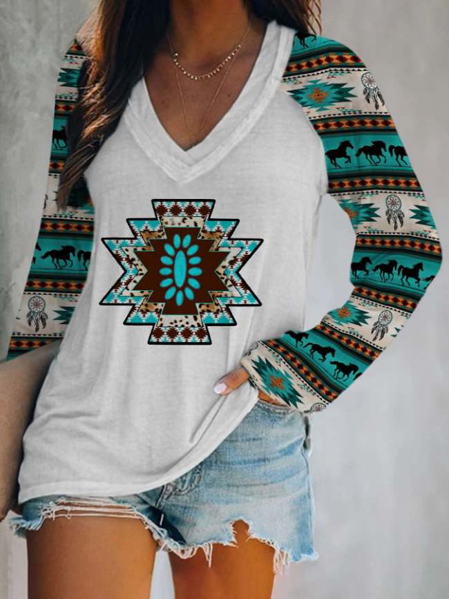 Vintage Print Long Sleeve V-Neck T-Shirt