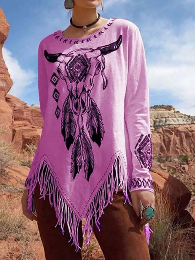 Women's Retro Tribal Printed Tassel Top