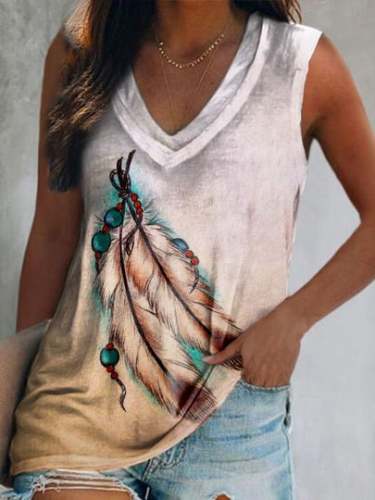 V-Neck Horse Western Feather Print Tank Top