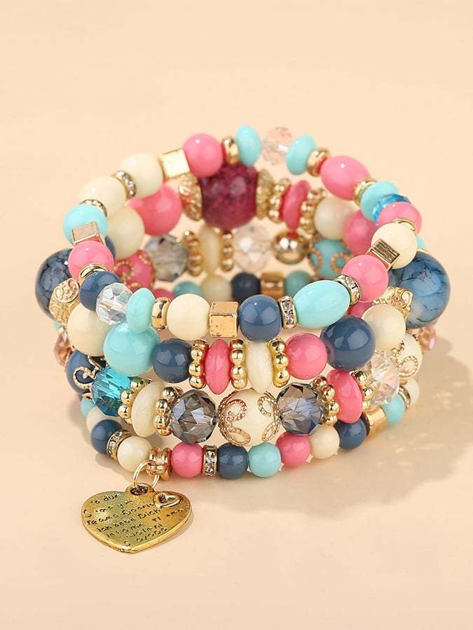 Women's Bohemian crystal peach heart Beaded multi-layer Bracelet