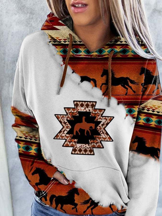 Vintage Western Print Hooded Long Sleeve Sweatshirt