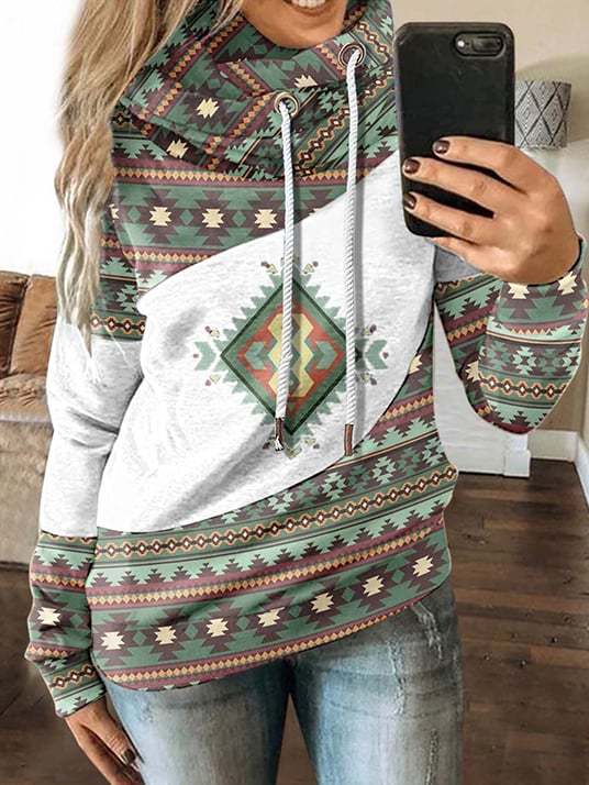 Western Style Retro Ethnic Printed Drawstring Hoodie