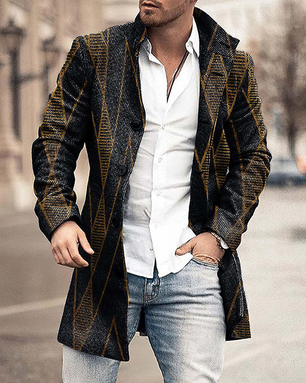 Men's Geometric Pattern Long Sleeve Mid Length Cardigan Trench Coat