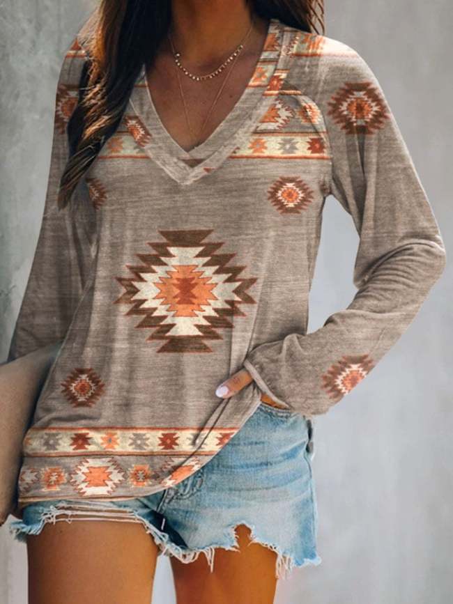 Geometric Ethnic Print V-Neck Long Sleeve T-Shirt