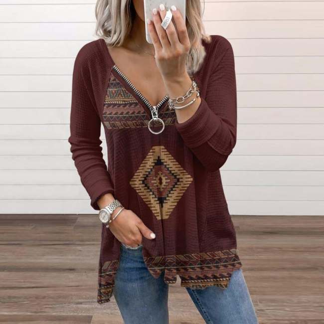 Women V-neck Printed Casual Top Blouse