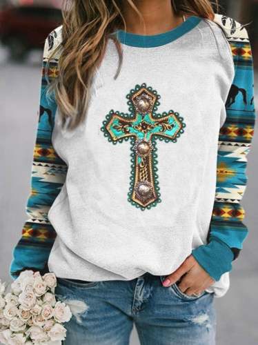 Women's Western Cross Turquoise Print Sweatshirt