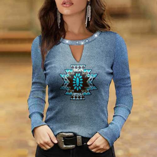 Ladies Retro Western Ethnic Print Top