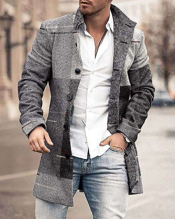 Men's Geometric Pattern Long Sleeve Mid Length Cardigan Trench Coat