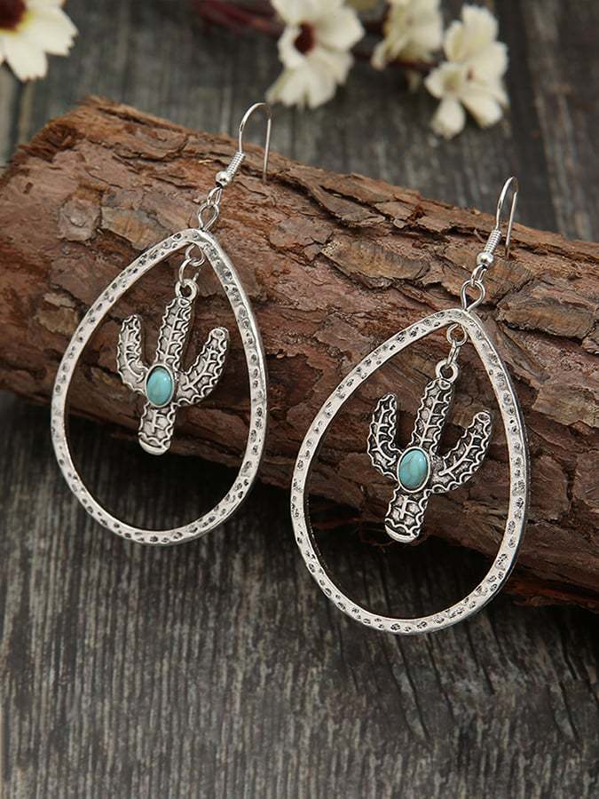 Retro Water Drop Hollow Out Cactus Turquoise Earrings