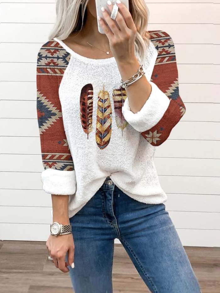 Women's Western AZTEC Feather Print Tee Shirt