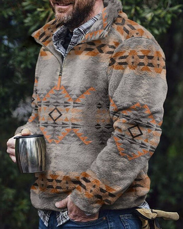 Men's Western Ethnic Flannel V-Neck Button Sweatshirt