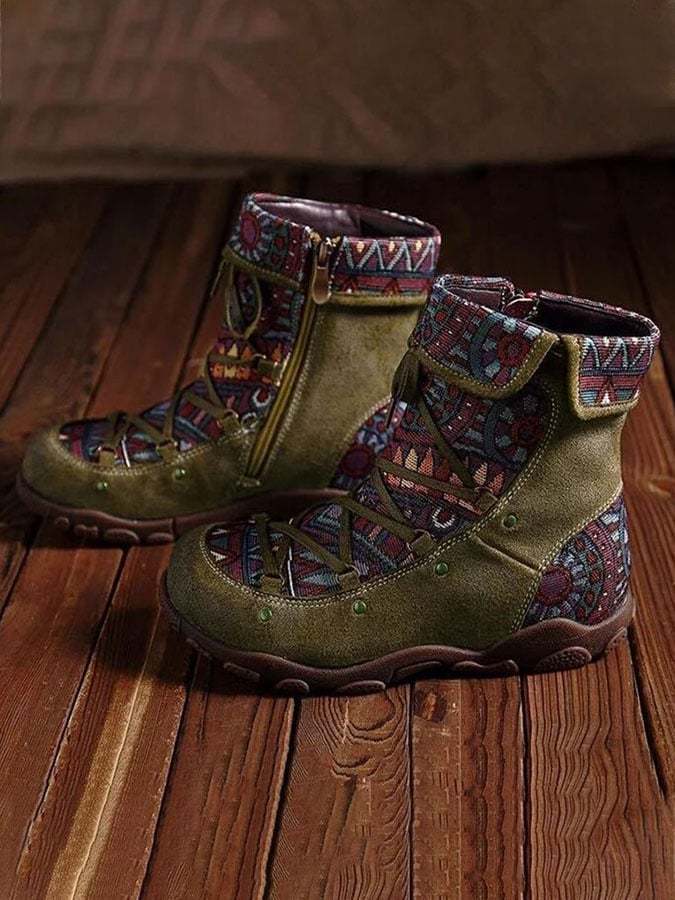 Retro Stitching Lace-Up Zipper Ankle Boots