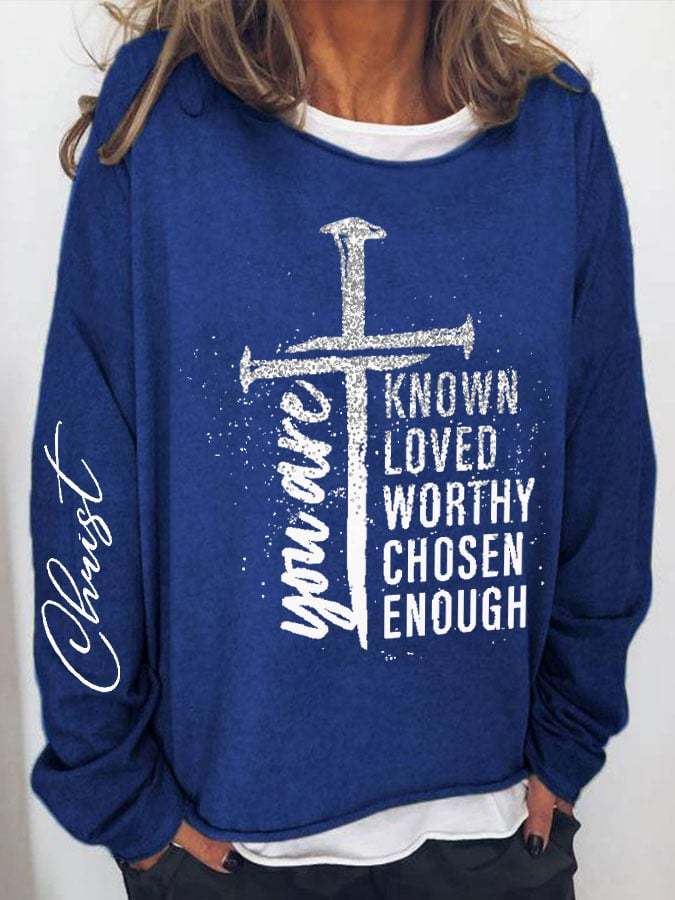 Women's You Are Known Loved Worthy Chosen Enough Casual Printed Sweater