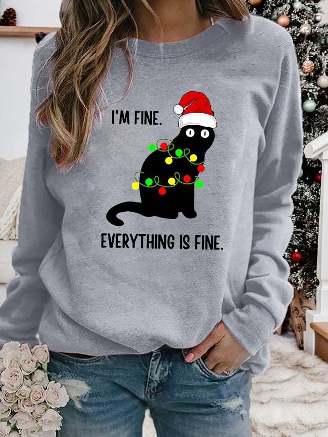 Women's Christmas I'm Fine Everything Is Fine Fun Cat Print Sweatshirt