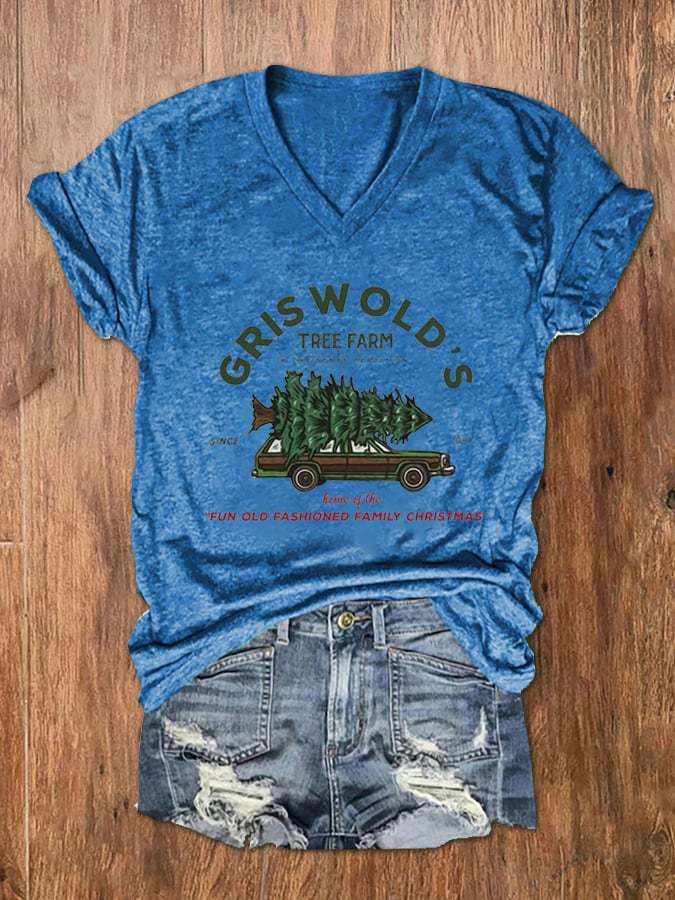 Women's Vintage Griswold Christmas Print V-Neck T-Shirt