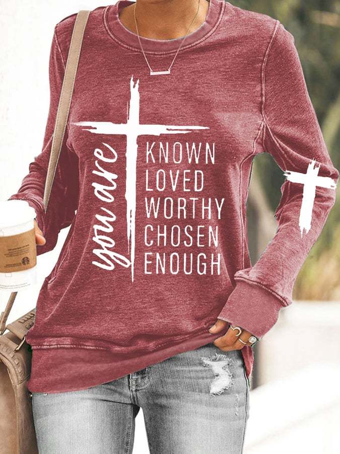 Women's You Are Known, Loved, Worthy, Chosen, Enough Printed Long Sleeve Casual Sweatshirt