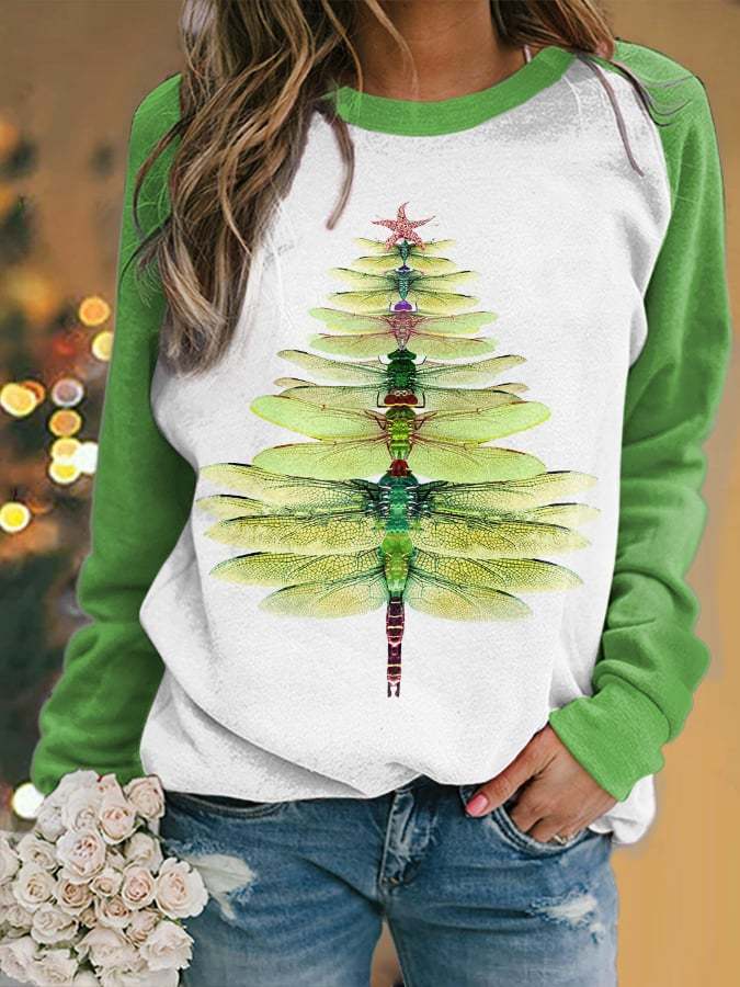 Women's Dragonfly Christmas Tree Print Sleeve Sweatshirt