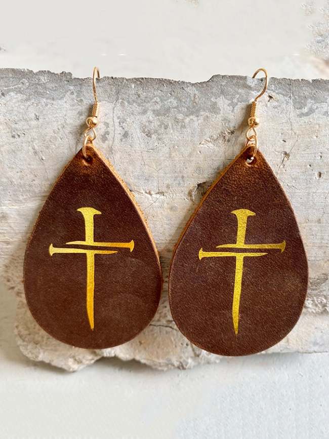 Vintage Leather Drop Cross Earrings