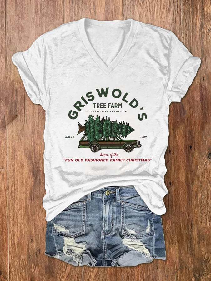 Women's Vintage Griswold Christmas Print V-Neck T-Shirt