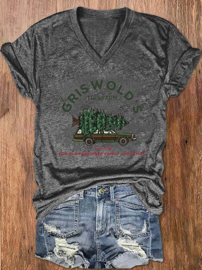 Women's Vintage Griswold Christmas Print V-Neck T-Shirt