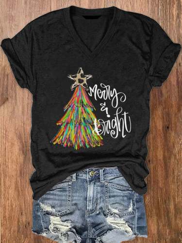 Women's Christmas Tree Merry And Bright Print V-Neck T-Shirt