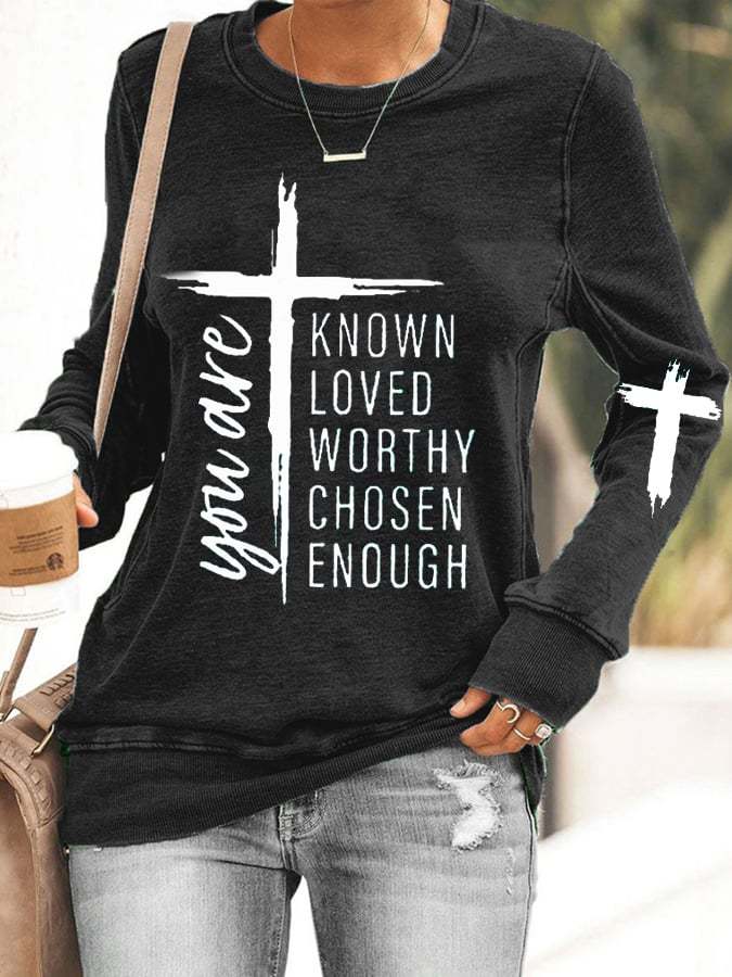Women's You Are Known, Loved, Worthy, Chosen, Enough Printed Long Sleeve Casual Sweatshirt