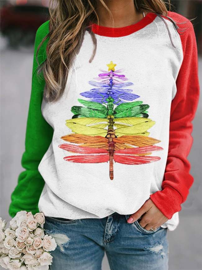 Women's Dragonfly Christmas Tree Print Sleeve Sweatshirt