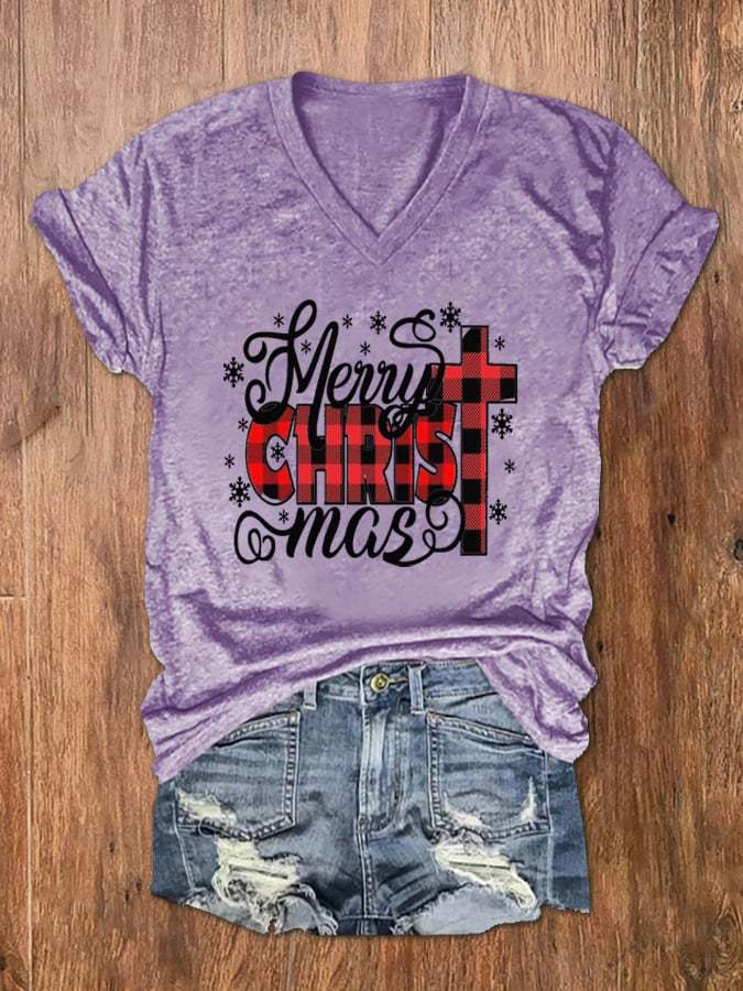 Women's Merry Christ Mas Christmas Jesus Print V-Neck T-Shirt