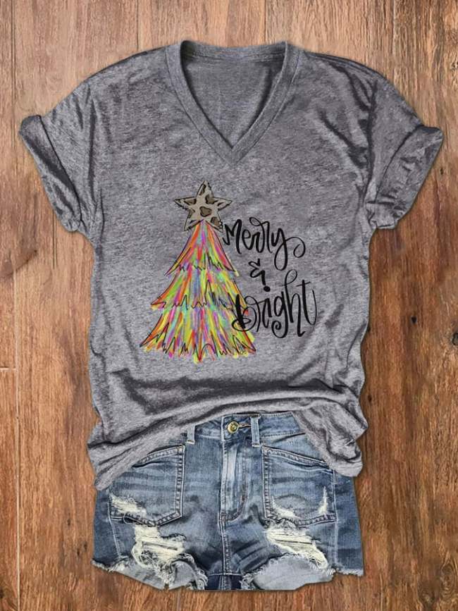 Women's Christmas Tree Merry And Bright Print V-Neck T-Shirt