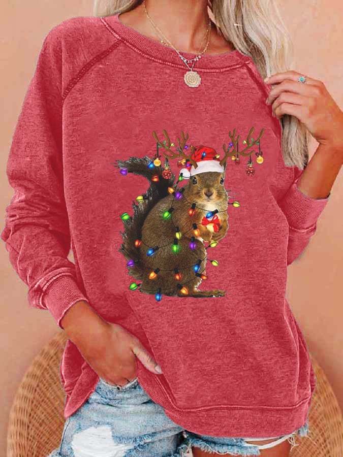 Women's Christmas Squirrel Lights Print Casual Sweatshirt