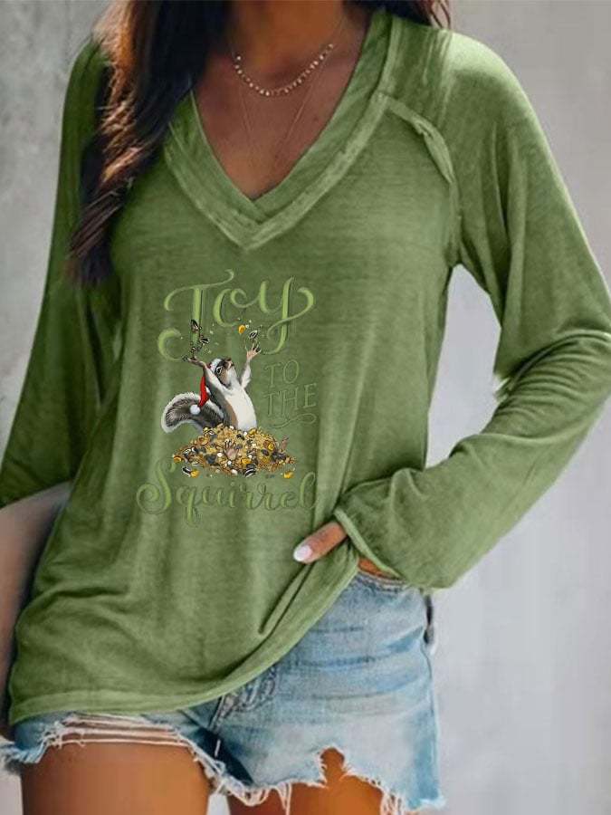 Women's Christmas Joy To The Squirrel Casual V-Neck Long-Sleeve T-Shirt