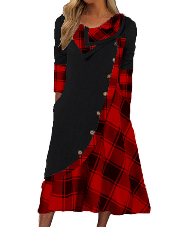 Plaid Long Sleeves Shift Tunic Casual Midi Dresses