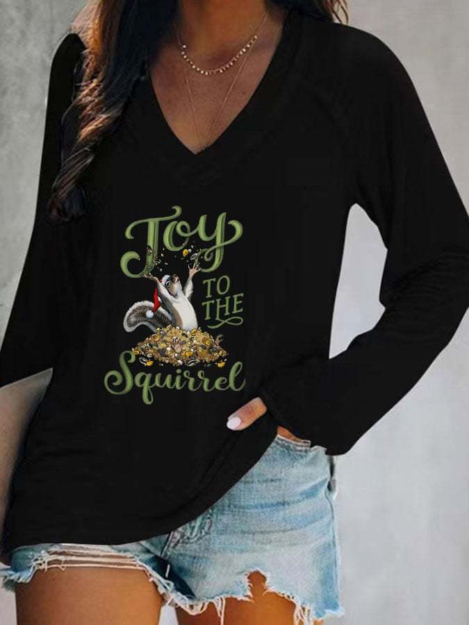 Women's Christmas Joy To The Squirrel Casual V-Neck Long-Sleeve T-Shirt