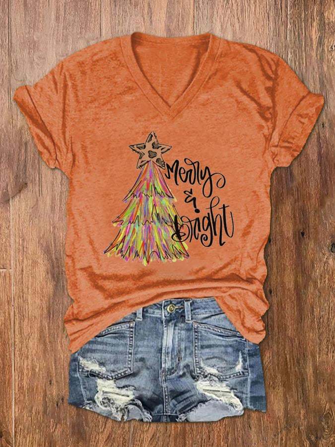 Women's Christmas Tree Merry And Bright Print V-Neck T-Shirt