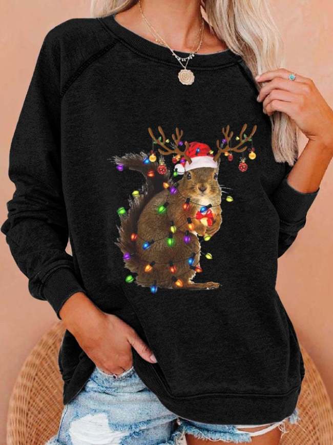 Women's Christmas Squirrel Lights Print Casual Sweatshirt