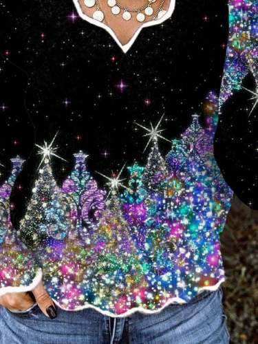 Women's Christmas Tree Glitter Printed Long Sleeve Knit Top