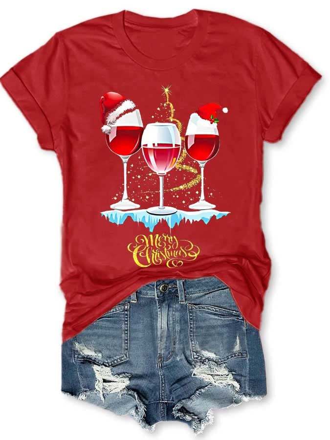 Women's Wine Simple Christmas Print Casual T-Shirt