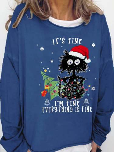 Women's Merry Christmas I’m Fine Tree Black Cat Loose Crew Neck Sweatshirts