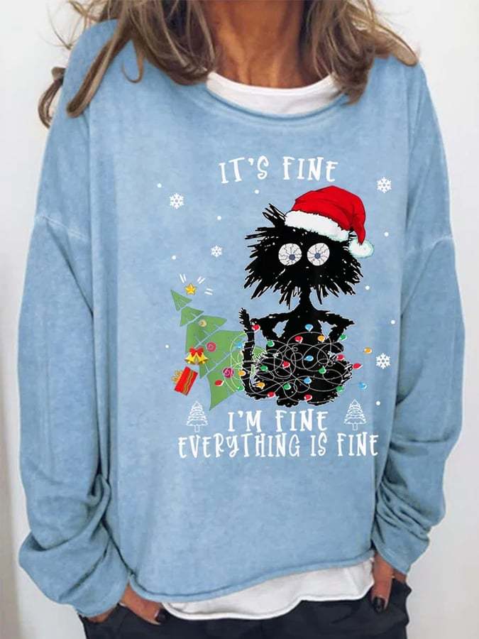 Women's Merry Christmas I’m Fine Tree Black Cat Loose Crew Neck Sweatshirts