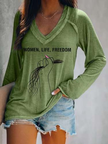 Women Life Freedom Print V-Neck Casual T-Shirt