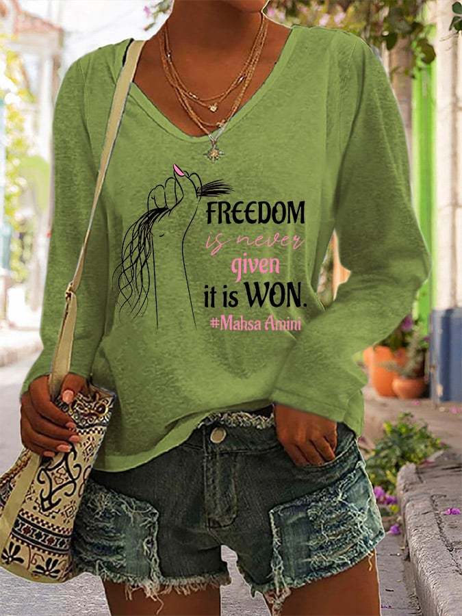 Freedom Is Never Given Mahsa Amini Print V-Neck Casual T-Shirt