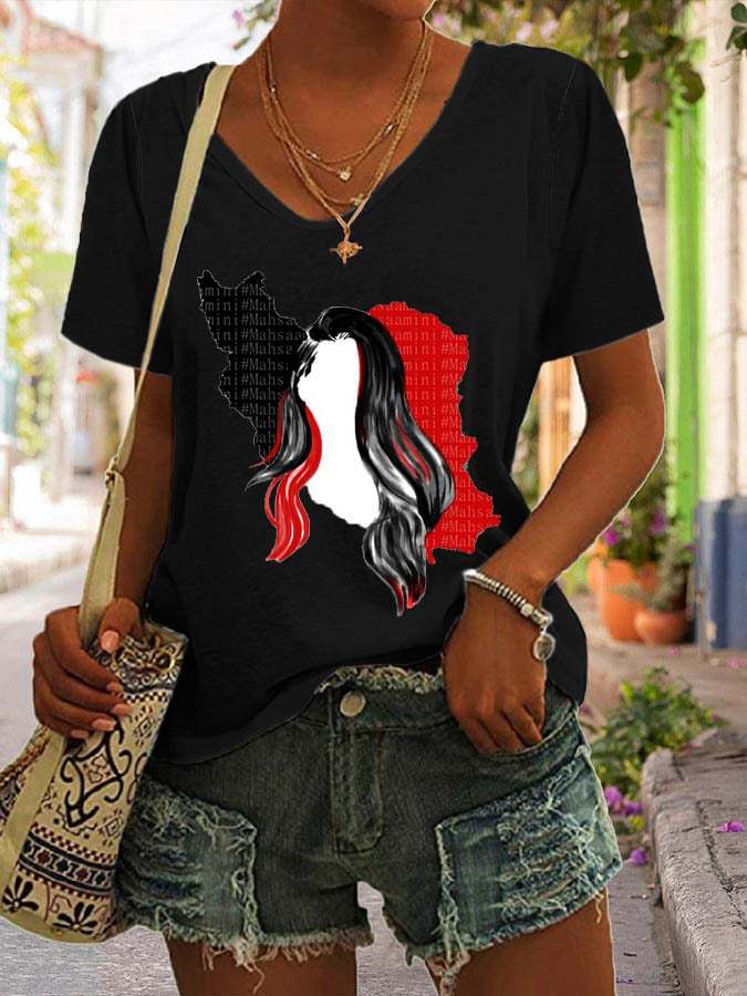 Women’s Mahsa Amini Print V-Neck Casual T-Shirt